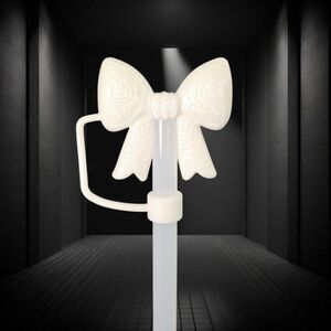 Pearl White Shimmer Lace 3D Silicone Ribbon Bow Straw Topper. Fits 10mm Straws